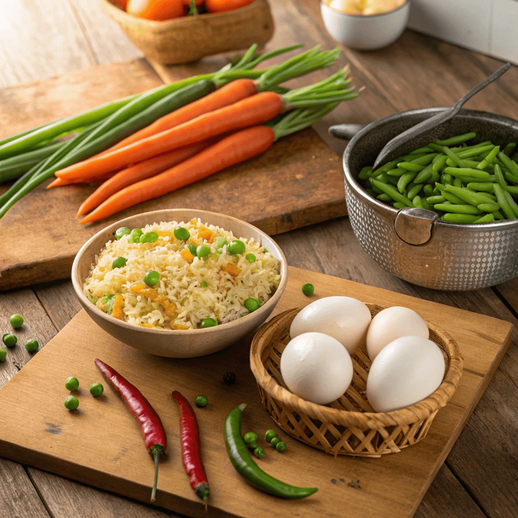  Fresh ingredients for Anjappar-style egg fried rice on a cutting board