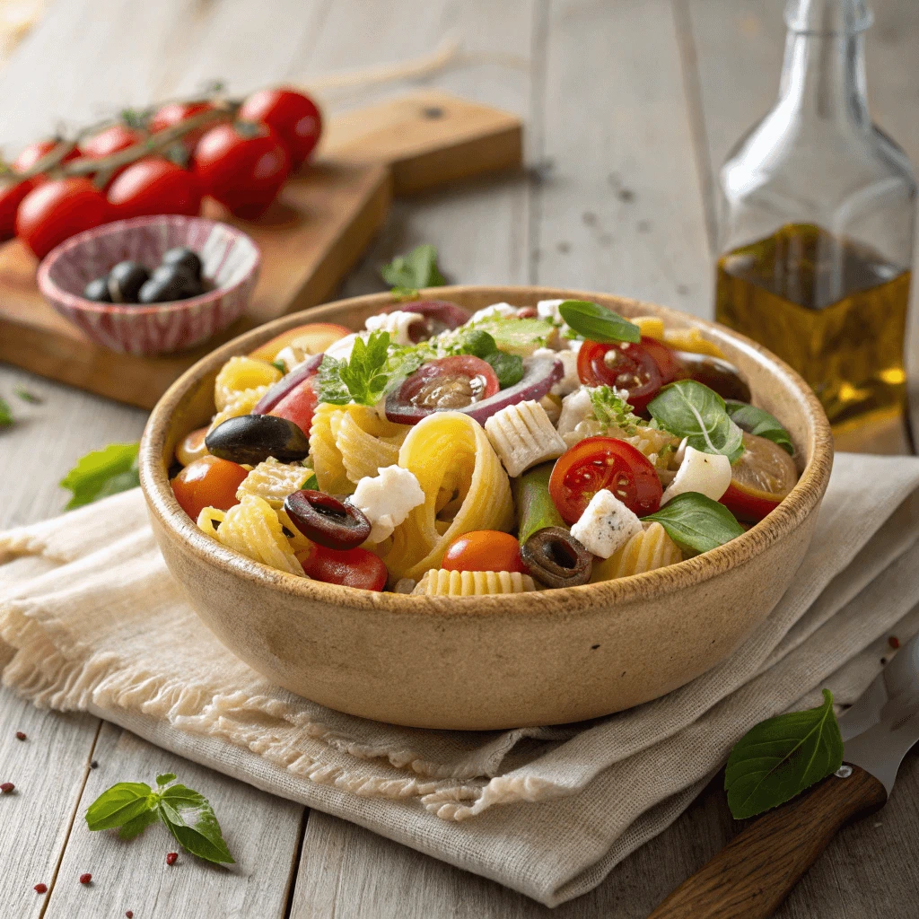 Mediterranean wagon wheel pasta salad with feta.