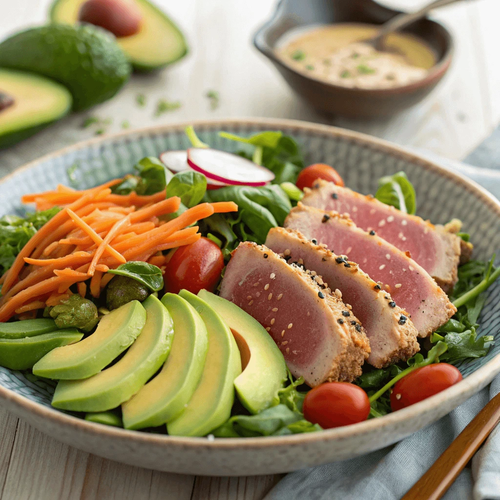  A fresh, colorful salad served alongside seared ahi tuna.