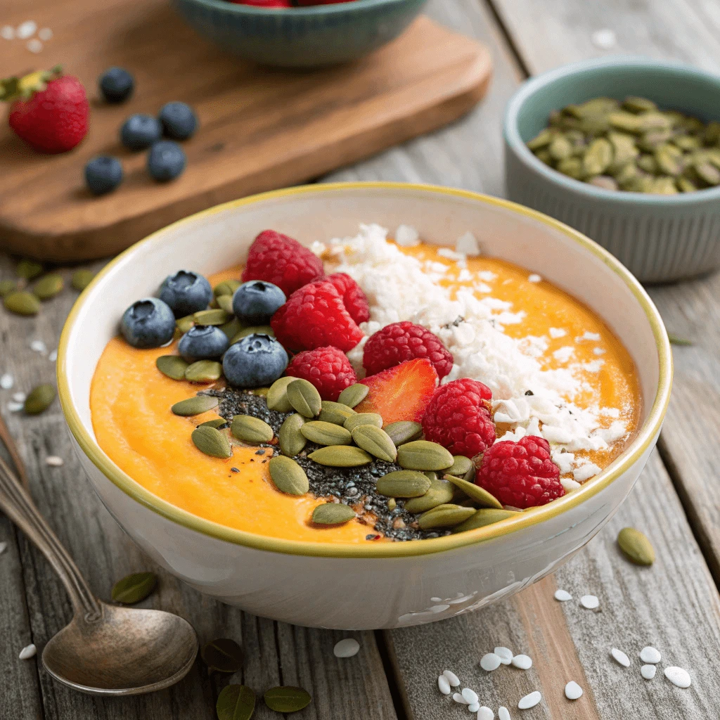  Raw pumpkin seeds sprinkled on a vibrant smoothie bowl.