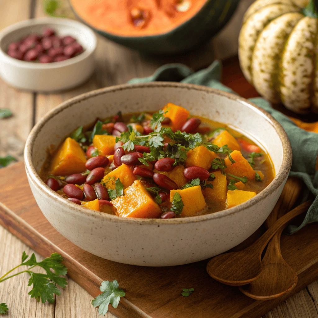 A bowl of squash and kidney beans stew, garnished with fresh herbs