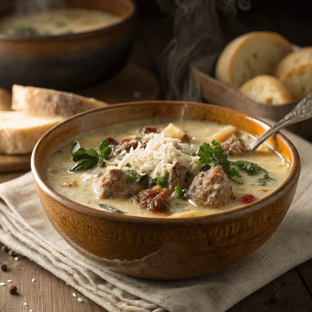 A bowl of creamy Parmesan Italian Sausage Soup topped with fresh herbs