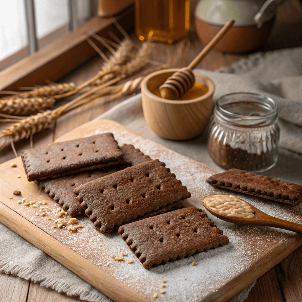 Honey-sweetened chocolate graham crackers on a plate, with a drizzle of honey.