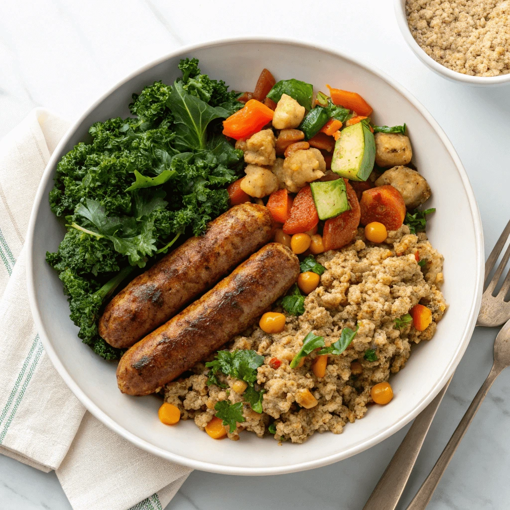 Plant-based breakfast sausage links with whole grains and greens.