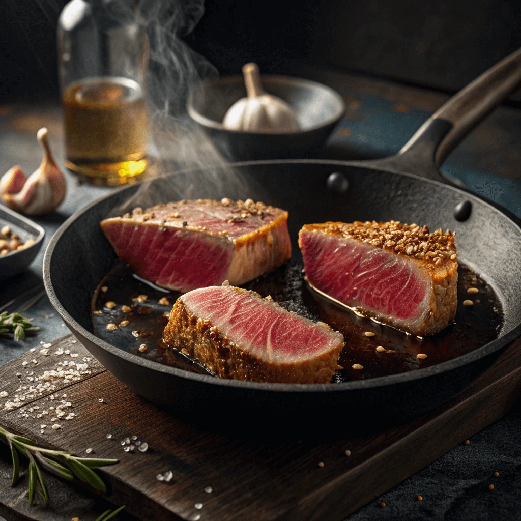 A sizzling ahi tuna steak cooking on a hot cast iron skillet.