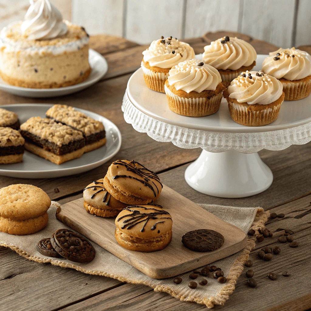 A variety of gluten-free cookies and cakes displayed on a kitchen countertop.