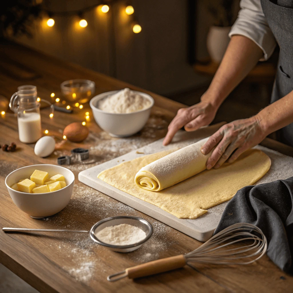  Step-by-step process of making flaky breakfast pastry dough.