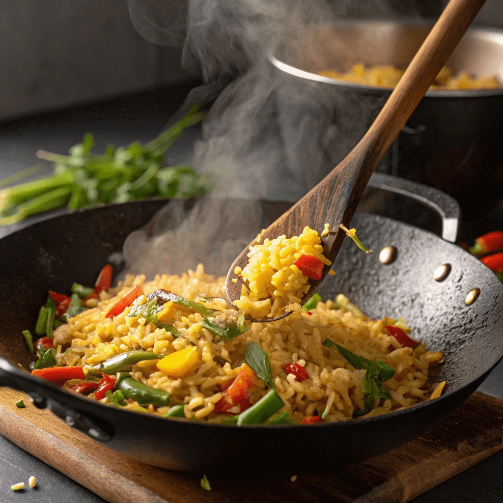 Restaurant-Style Anjappar Egg Fried Rice being stir-fried in a hot wok.