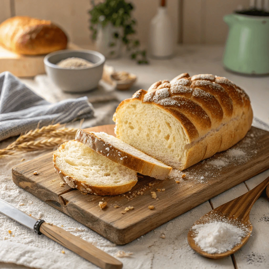 Artisanal gluten-free bread with a golden crust, sliced and ready to serve.