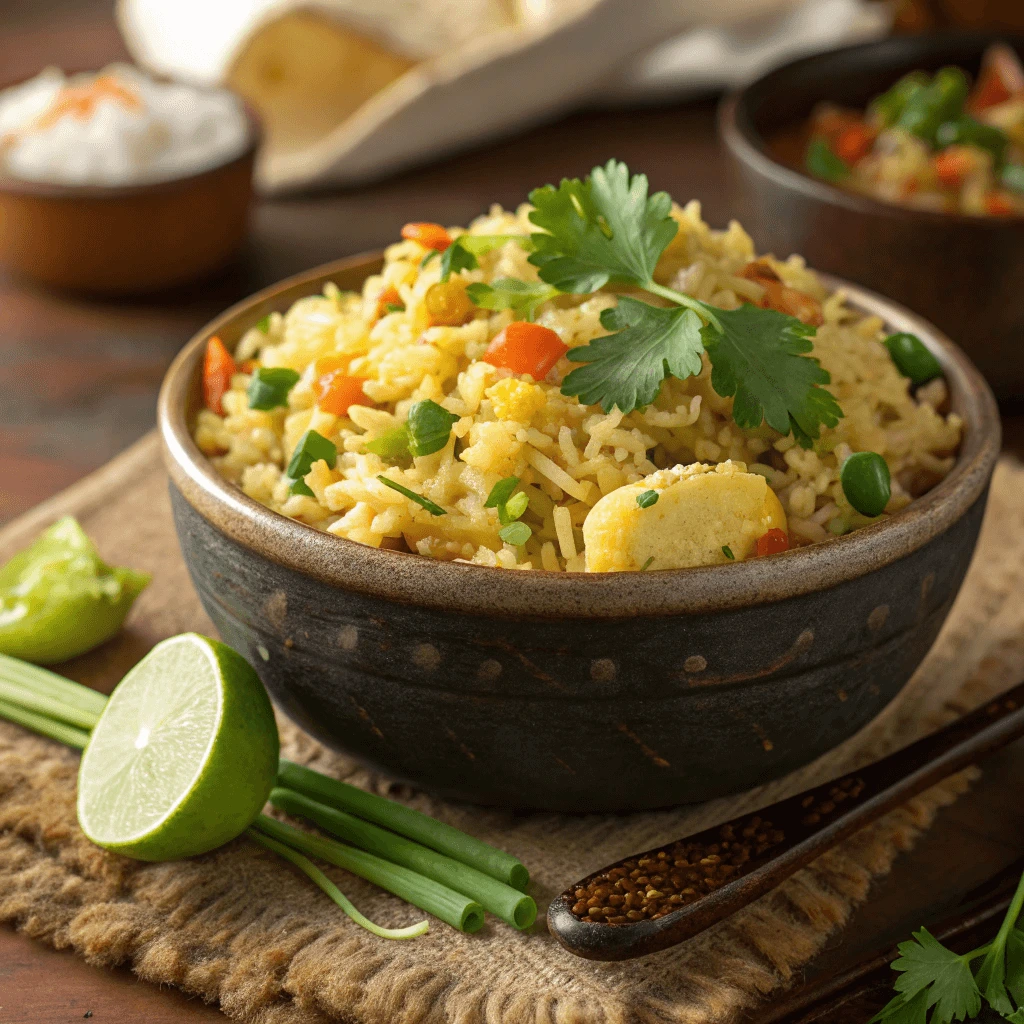 Garnished Anjappar-style egg fried rice served in a bowl