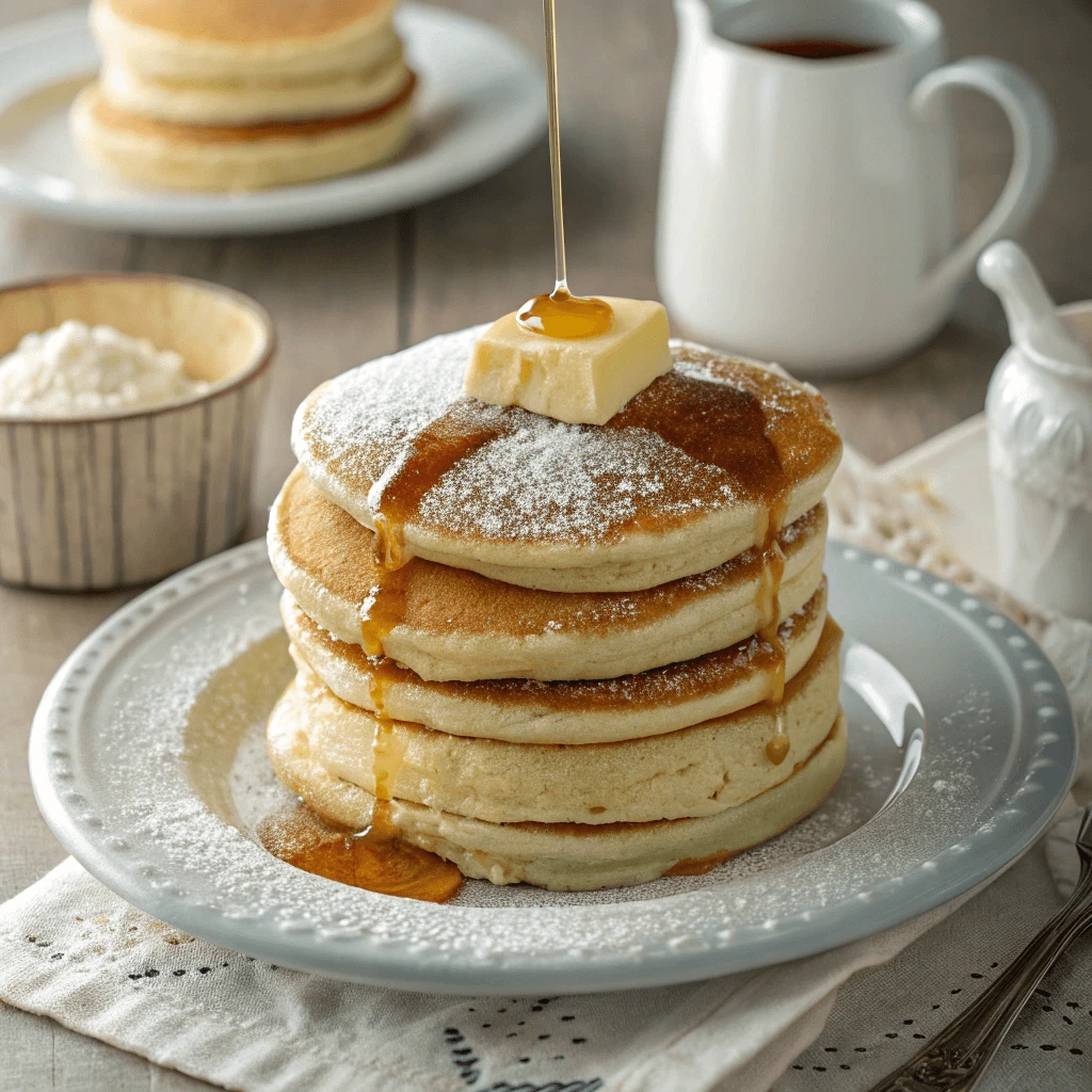 Classic CMS Pancake Breakfast Recipe with syrup, butter, and powdered sugar