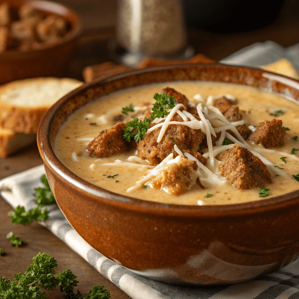 Close-up of creamy Italian sausage soup with Parmesan cheese