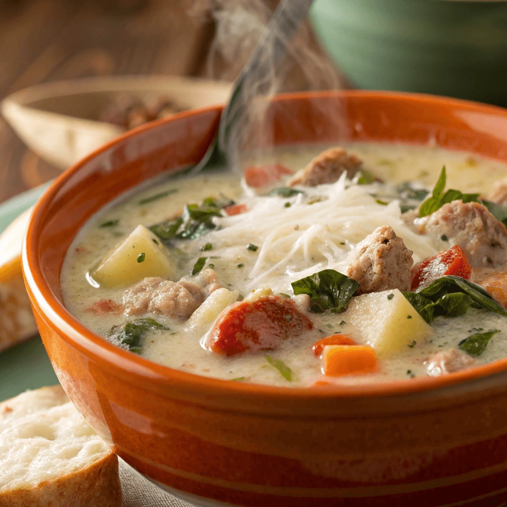 Close-up of a creamy Italian sausage soup with chunks of sausage, vegetables