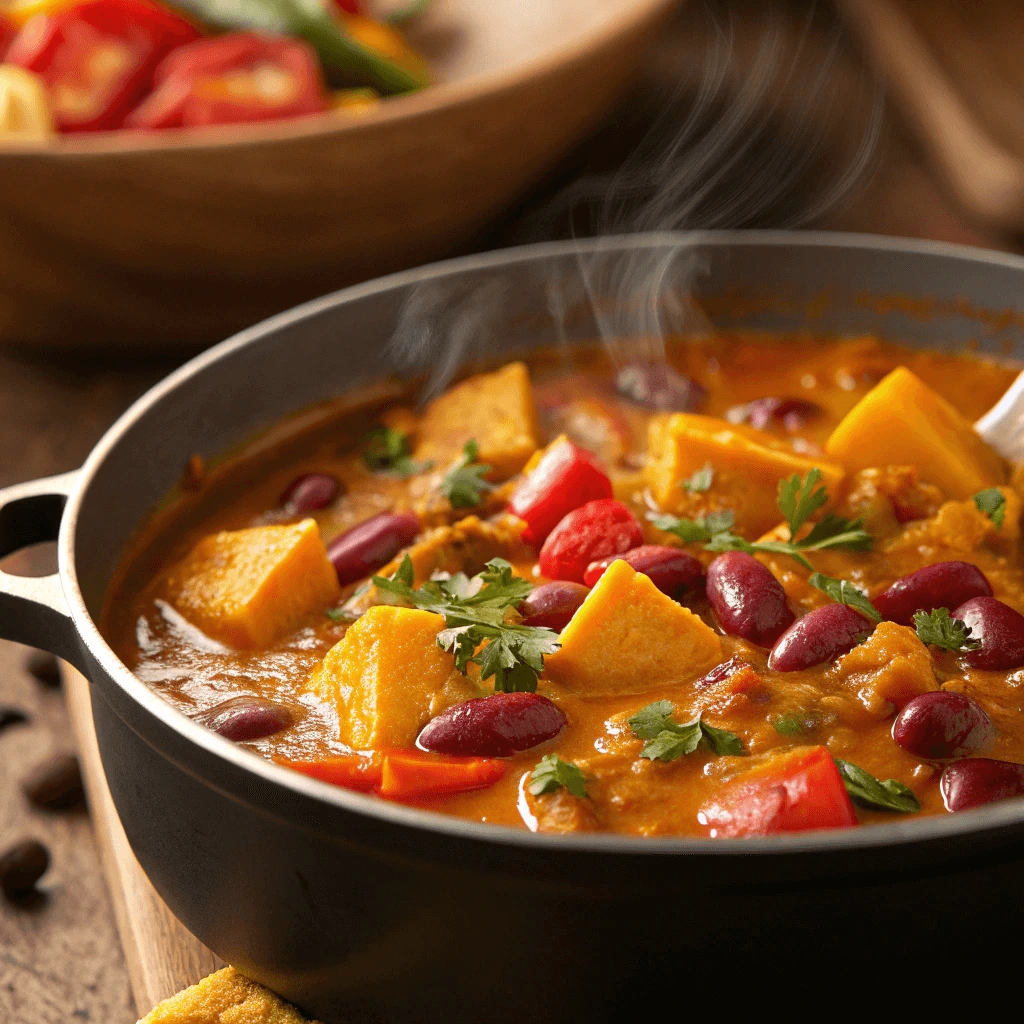  Close-up of creamy squash and kidney beans simmering in a pot, with vibrant vegetables  