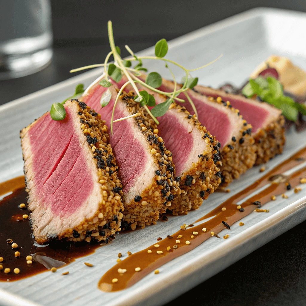Close-up of a perfectly seared ahi tuna steak with a crispy crust and rare center.