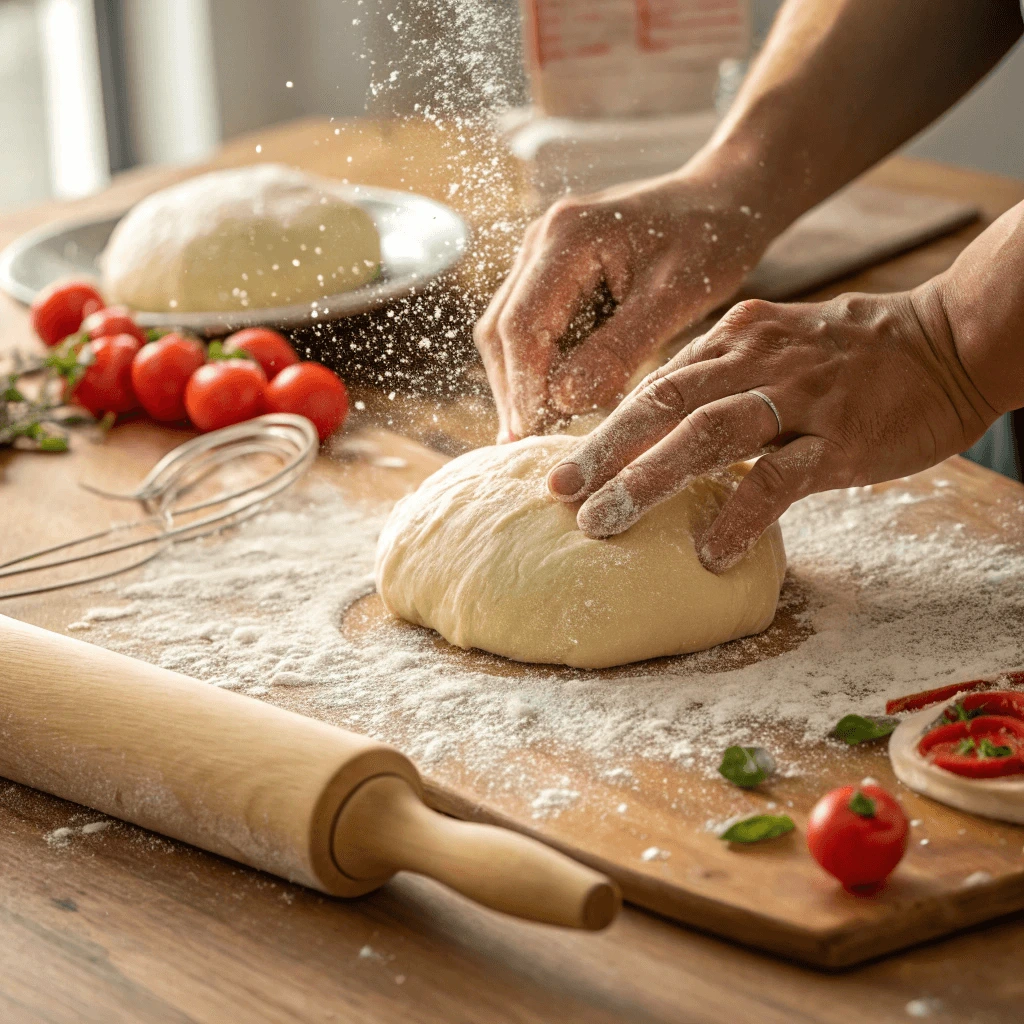 Pizza dough being kneaded on a floured surface.