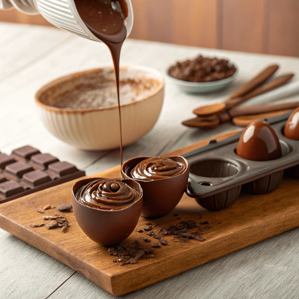 Melted chocolate being poured into egg molds for an easy chocolate eggs recipe.