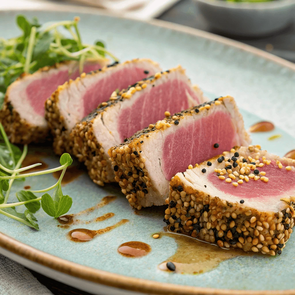 Close-up of seared ahi tuna slices with sesame seeds