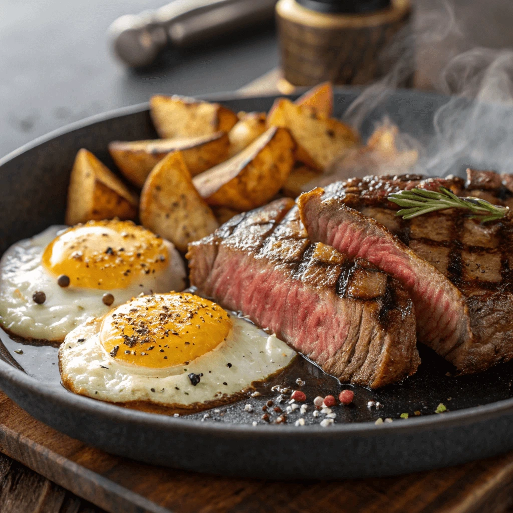 Close-up of steak and eggs with crispy sides