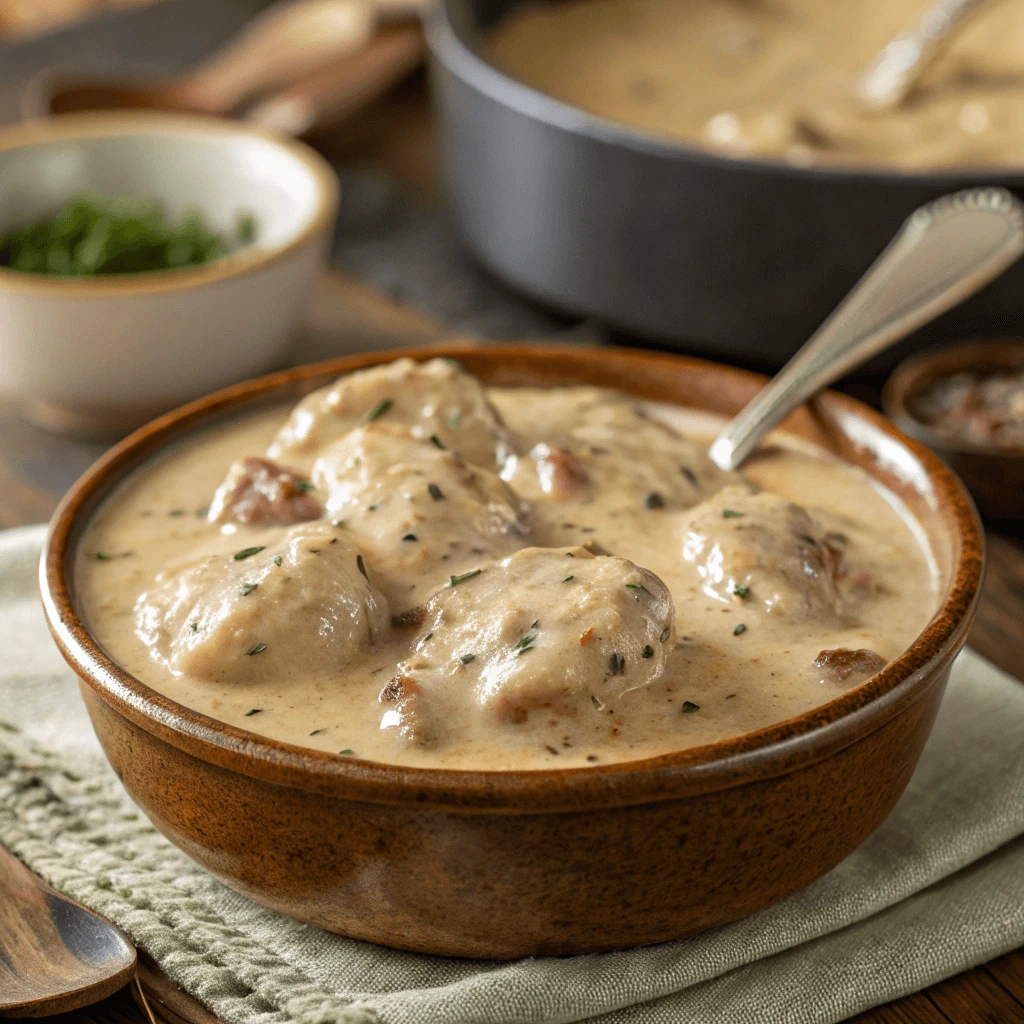 Close-up of creamy sausage turkey fat gravy with a spoon