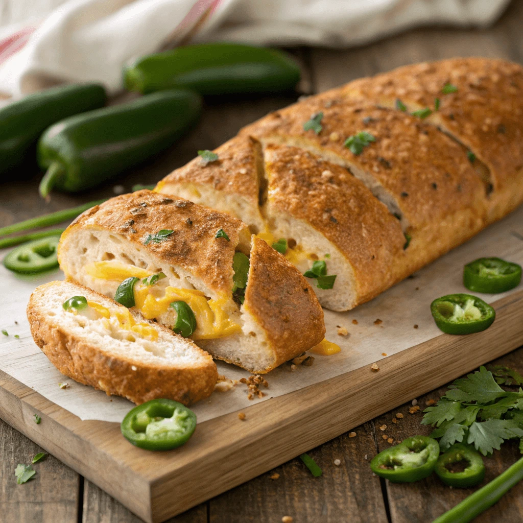 Sliced Vegan Jalapeno Cheese Artisan Bread with melted cheese filling