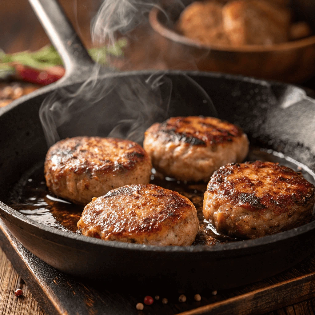 Close-up of perfectly cooked turkey sausage patties sizzling in a skillet