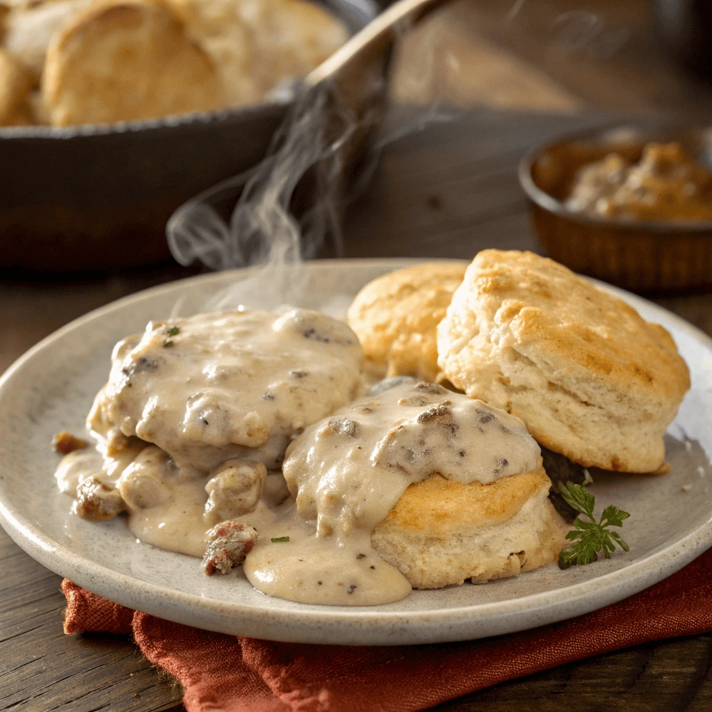 Comforting sausage turkey fat gravy served over biscuits