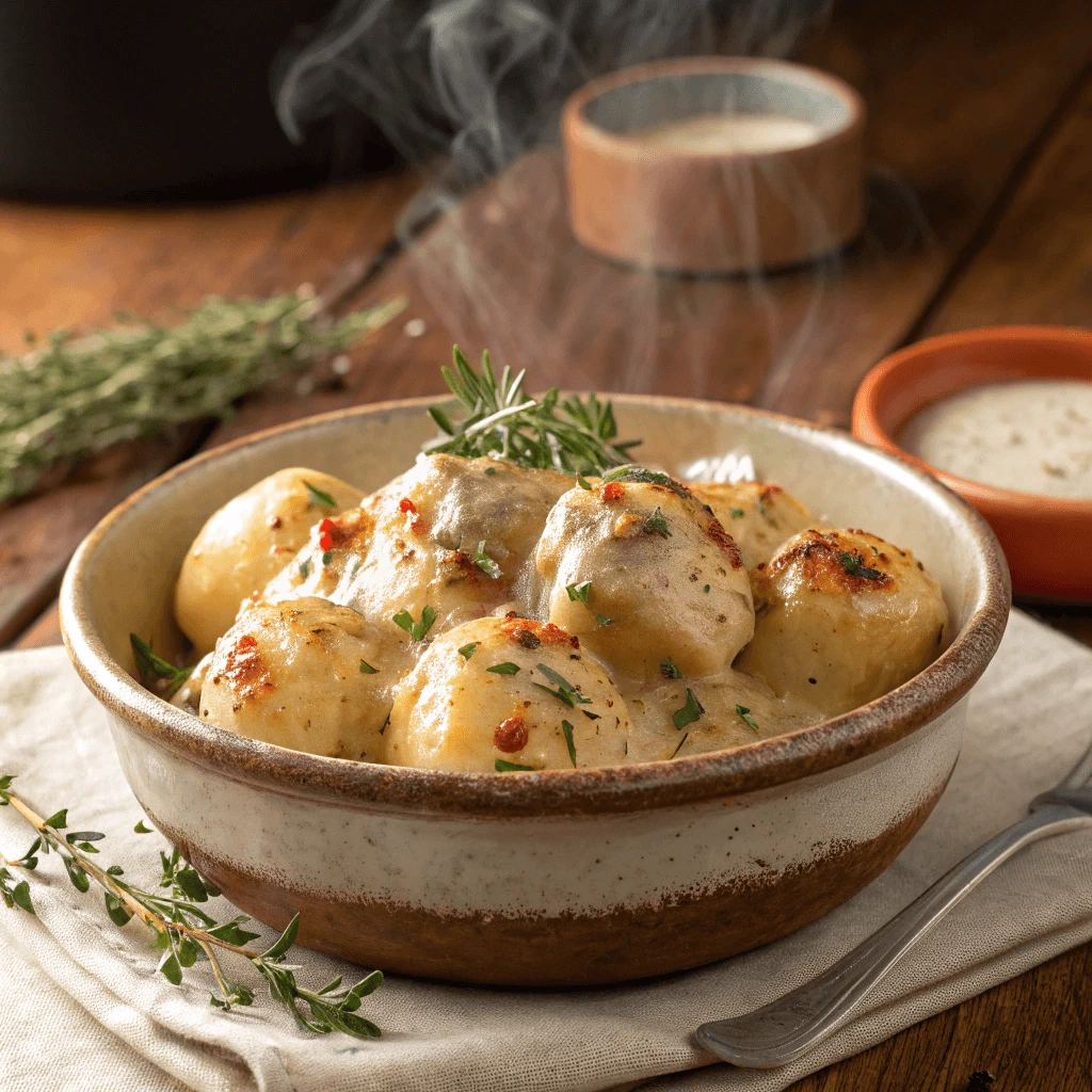 A serving spoon scooping creamy vegan smothered potatoes from a bowl, garnished with paprika and fresh thyme.