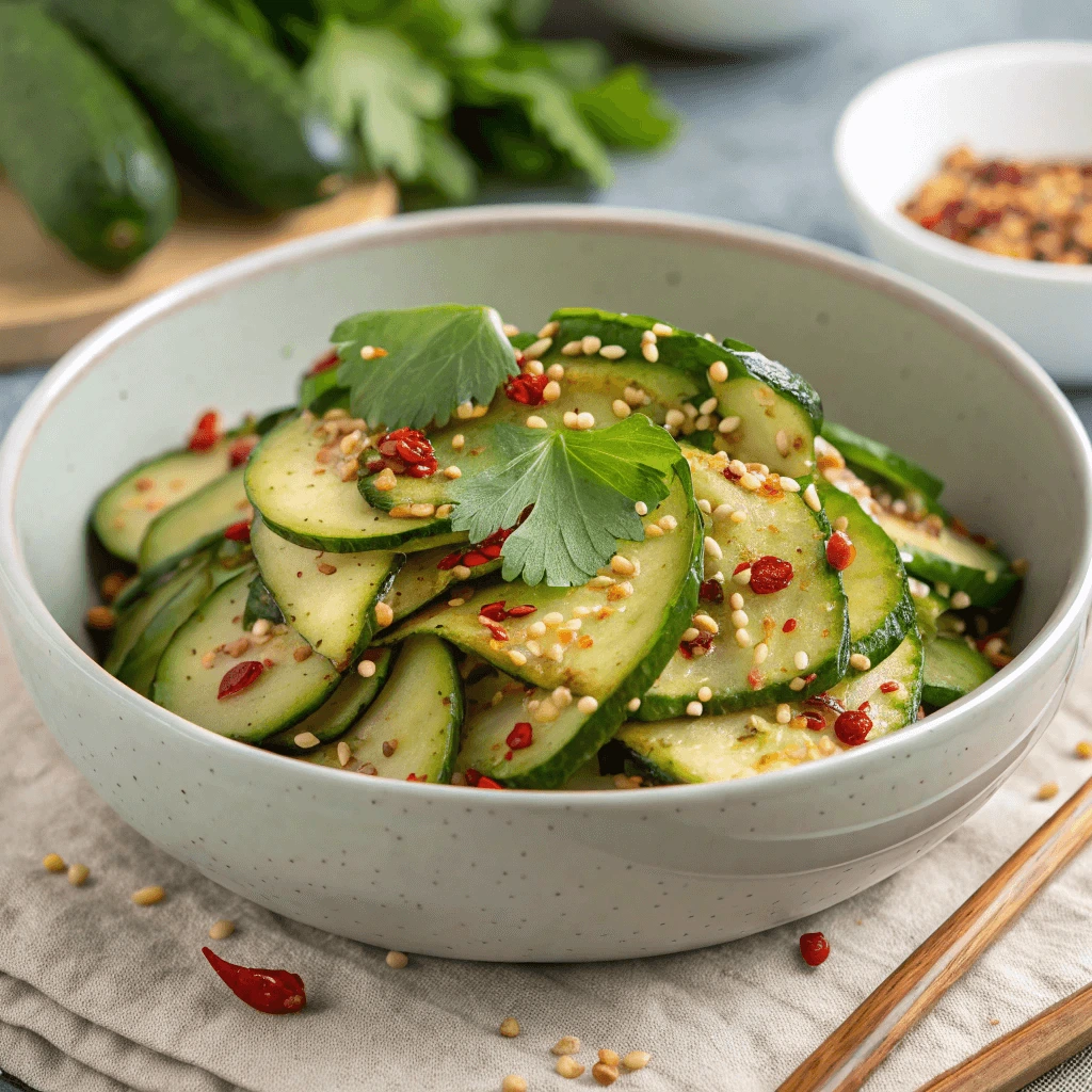 Fresh cucumbers and vibrant chili oil dressing for Din Tai Fung’s spicy cucumber salad