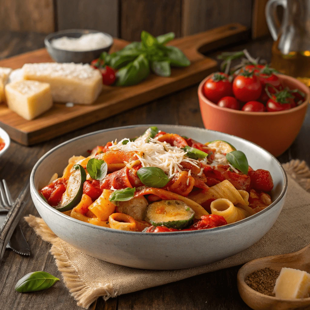 A plate of quick marinara and basil wagon wheel pasta topped