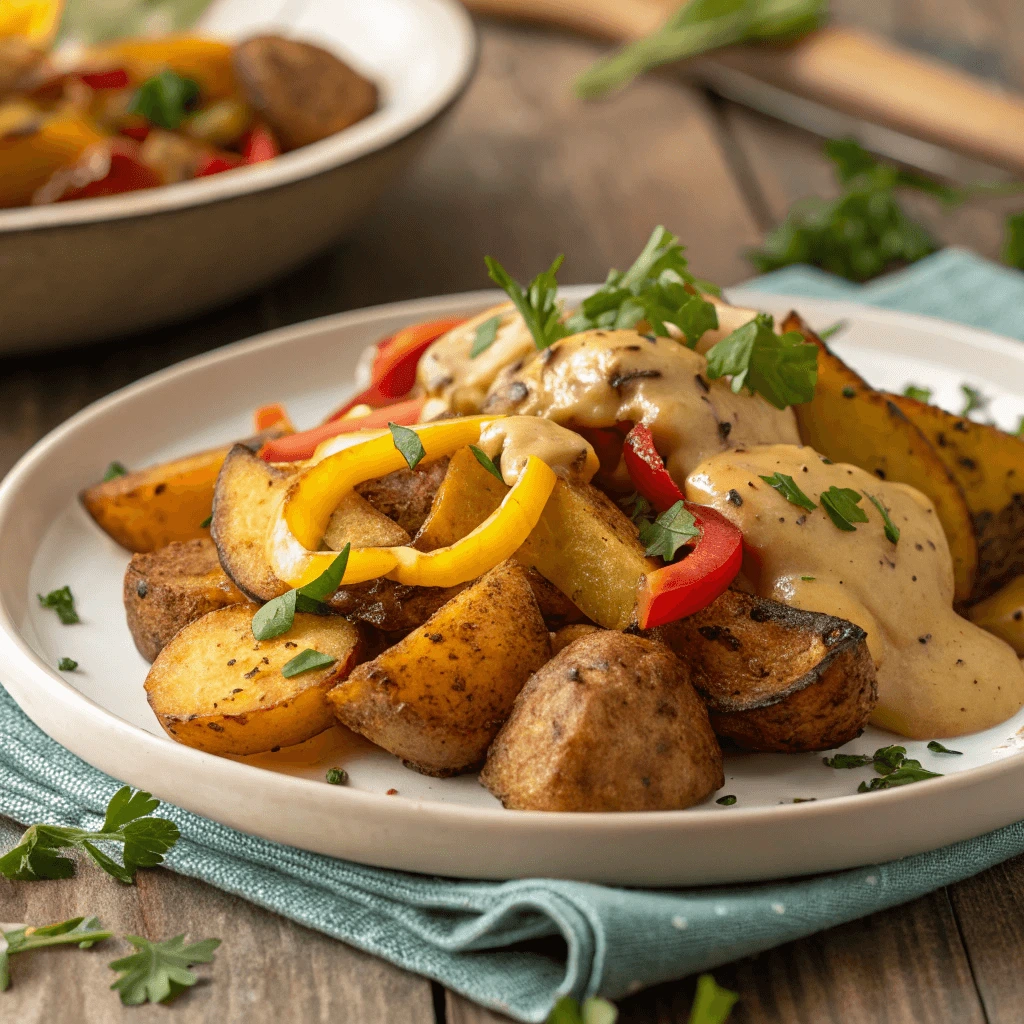 Crispy vegan smothered potatoes served with plant-based proteins