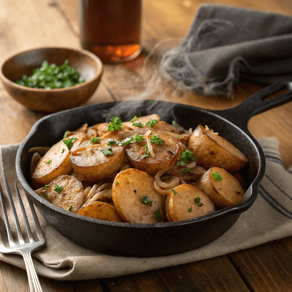 Crispy golden-brown smothered potatoes with caramelized onions in a skillet