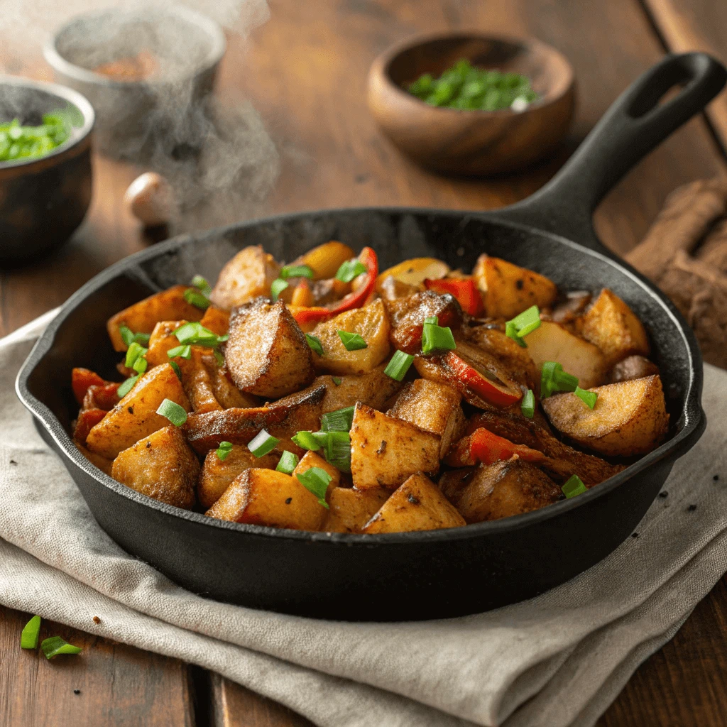 Golden crispy vegan smothered potatoes cooked with onions and bell peppers in a skillet.