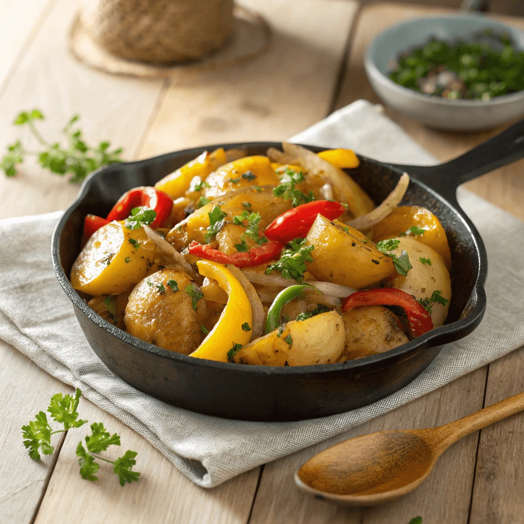 A bowl of smothered potatoes garnished with fresh parsley and bell peppers
