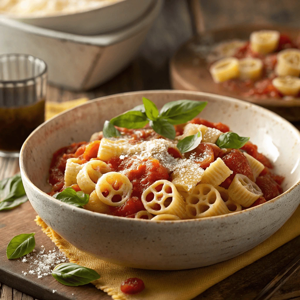 Wagon wheel pasta served with rich tomato-based sauce.