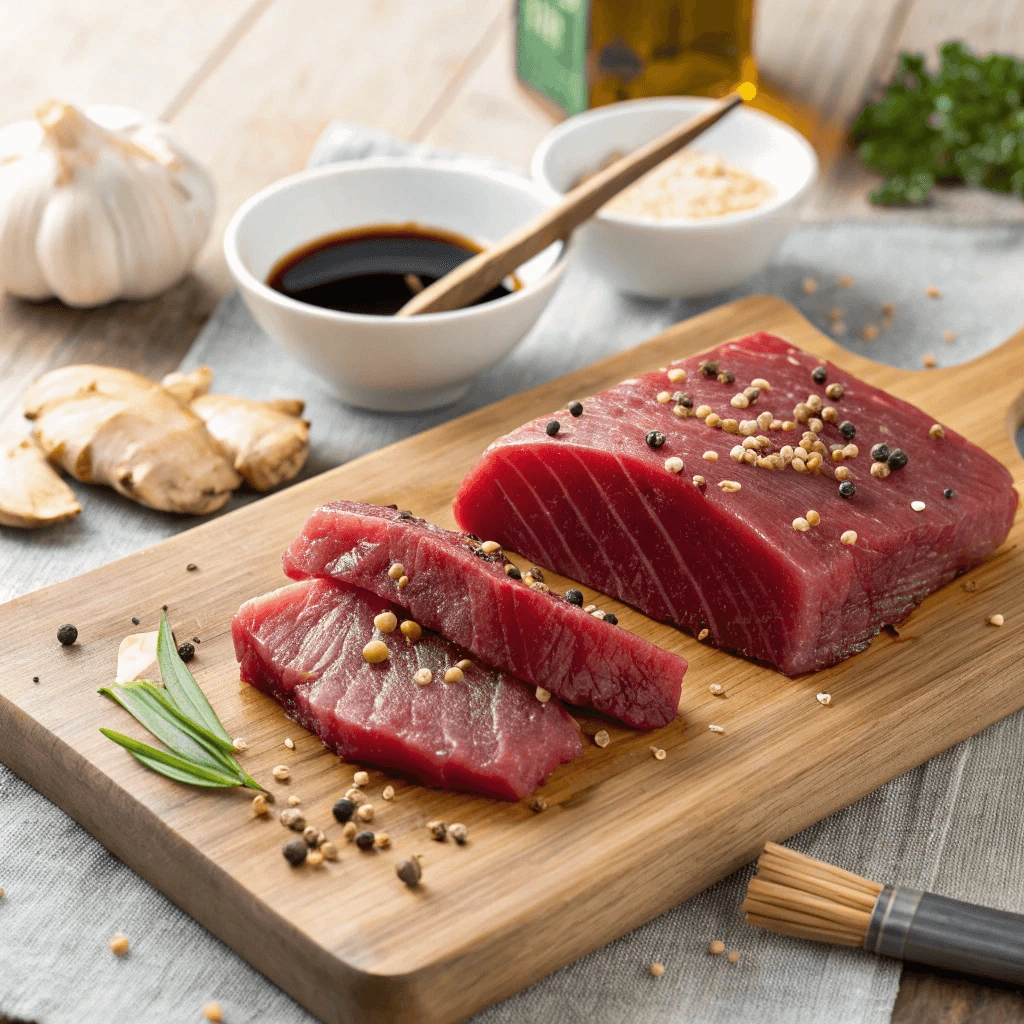 Preparing ahi tuna steaks marinated in soy sauce and sesame oil on a cutting board.