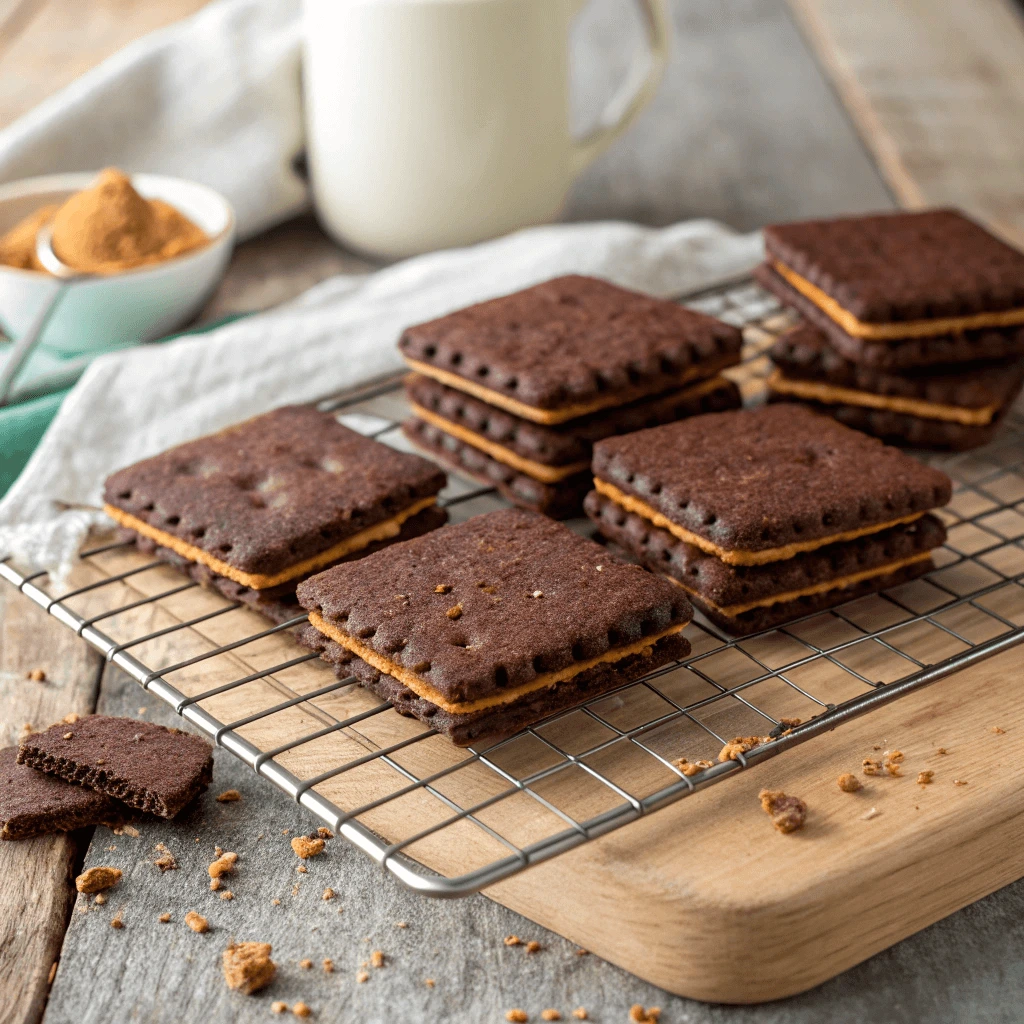 Homemade chocolate graham crackers cooling on a wire rack