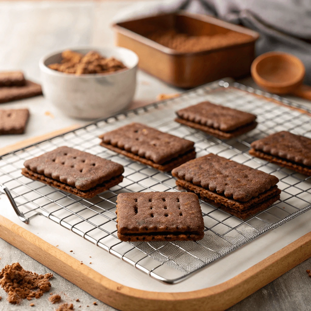 Baked chocolate graham crackers cooling on a wire rack