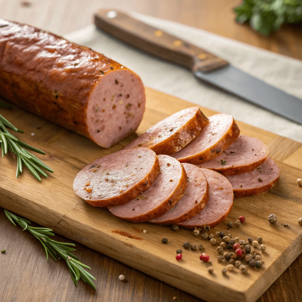 Chicken Andouille Sausage being sliced on a cutting board