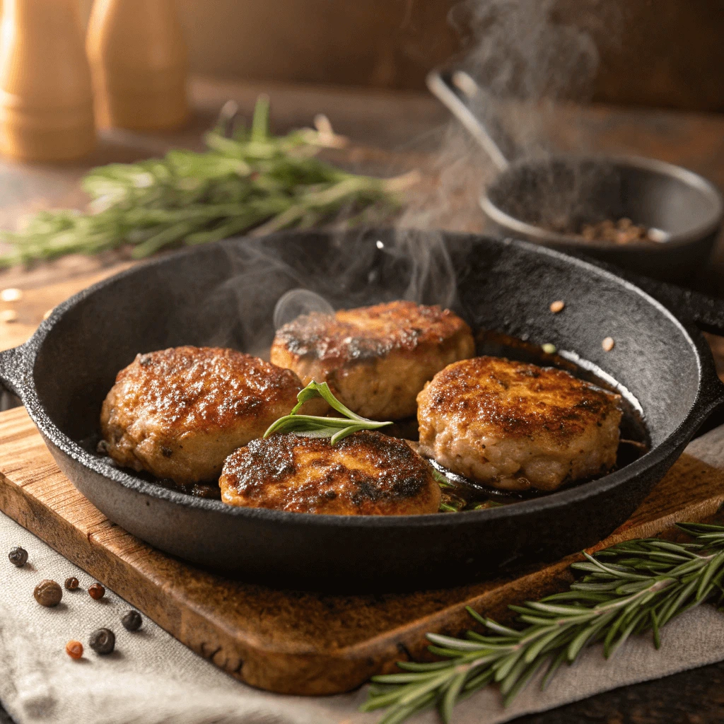 Golden-brown turkey sausage patties sizzling in a skillet.