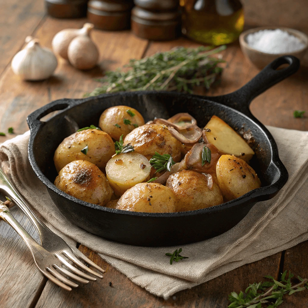Close-up of golden smothered potatoes with herbs and sautéed onions in a cast iron skillet