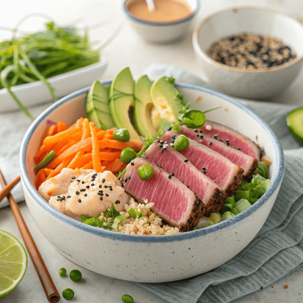 Healthy ahi tuna bowl with quinoa, veggies, and seared tuna slices