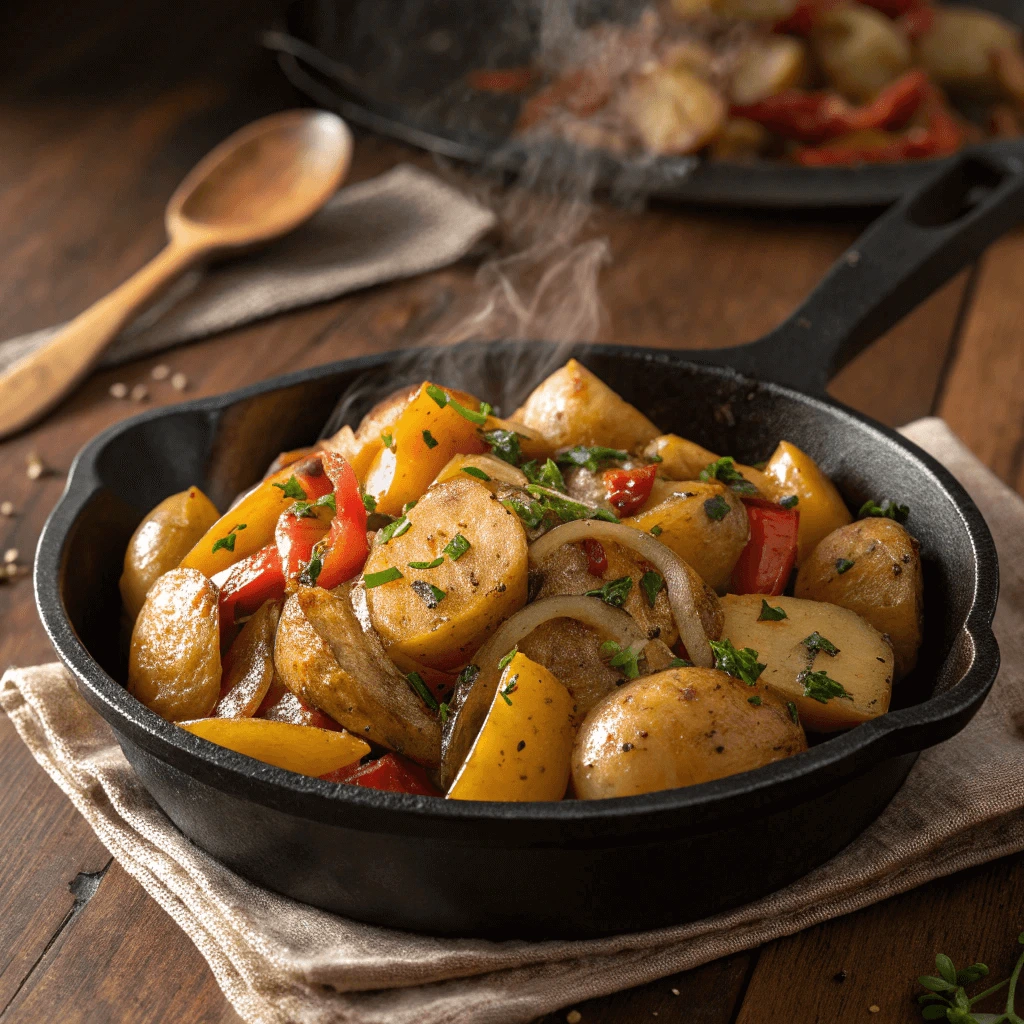 Creamy smothered potatoes with sautéed onions and bell peppers in a rustic skillet