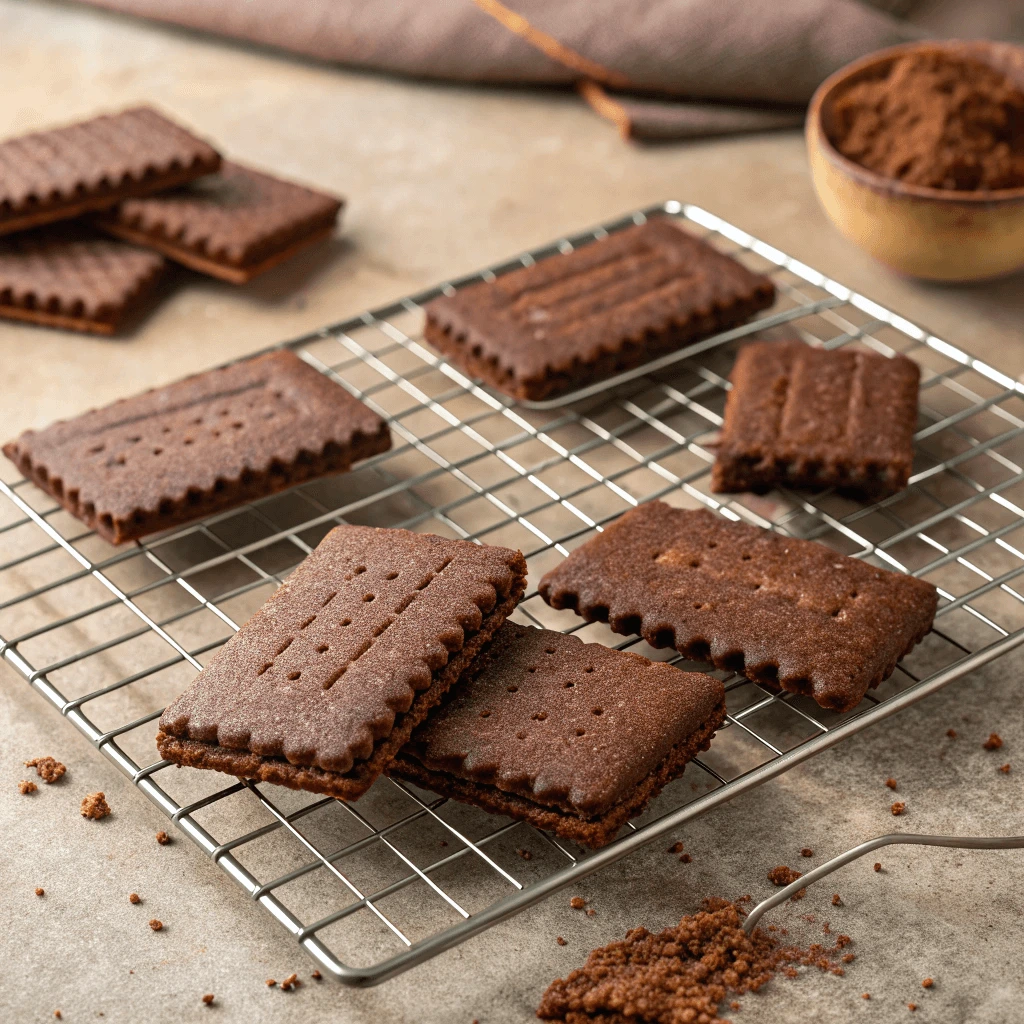 Baked chocolate graham crackers cooling on a wire rack after being taken out of the oven