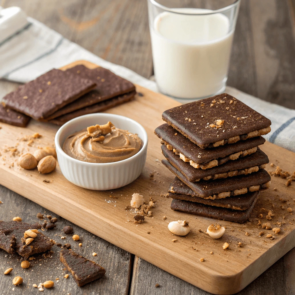 Homemade chocolate graham crackers arranged with a glass of milk and nut butter dip