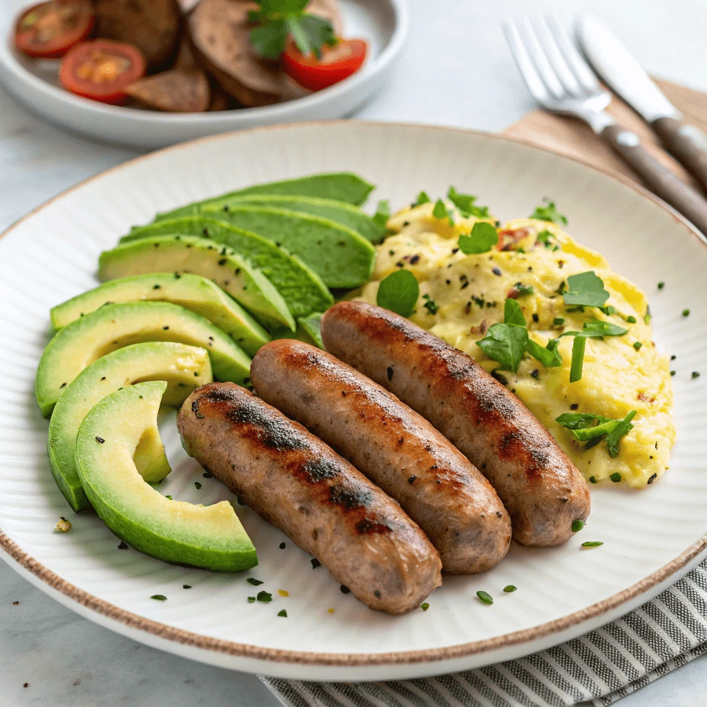 Juicy turkey sausage links on a breakfast plate with avocado