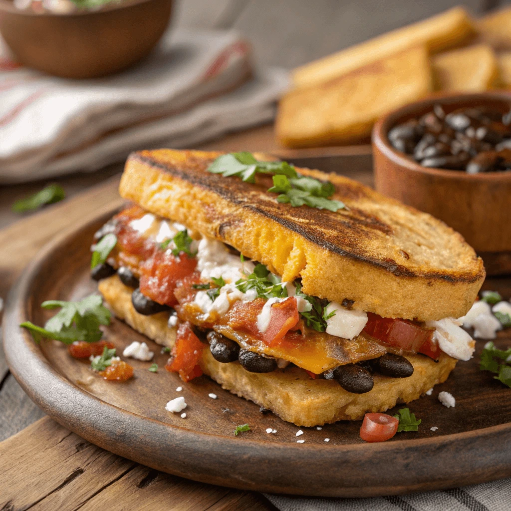 Oaxacan Plantain Sandwich with spicy salsa and toppings