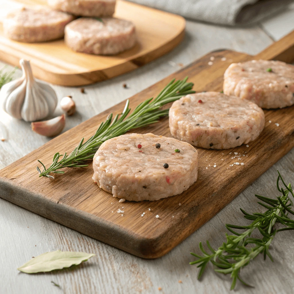 Raw turkey sausage patties on a cutting board, ready to cook.