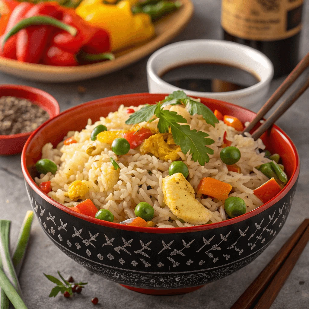 Close-up of Restaurant-Style Anjappar Egg Fried Rice with a fried egg on top.