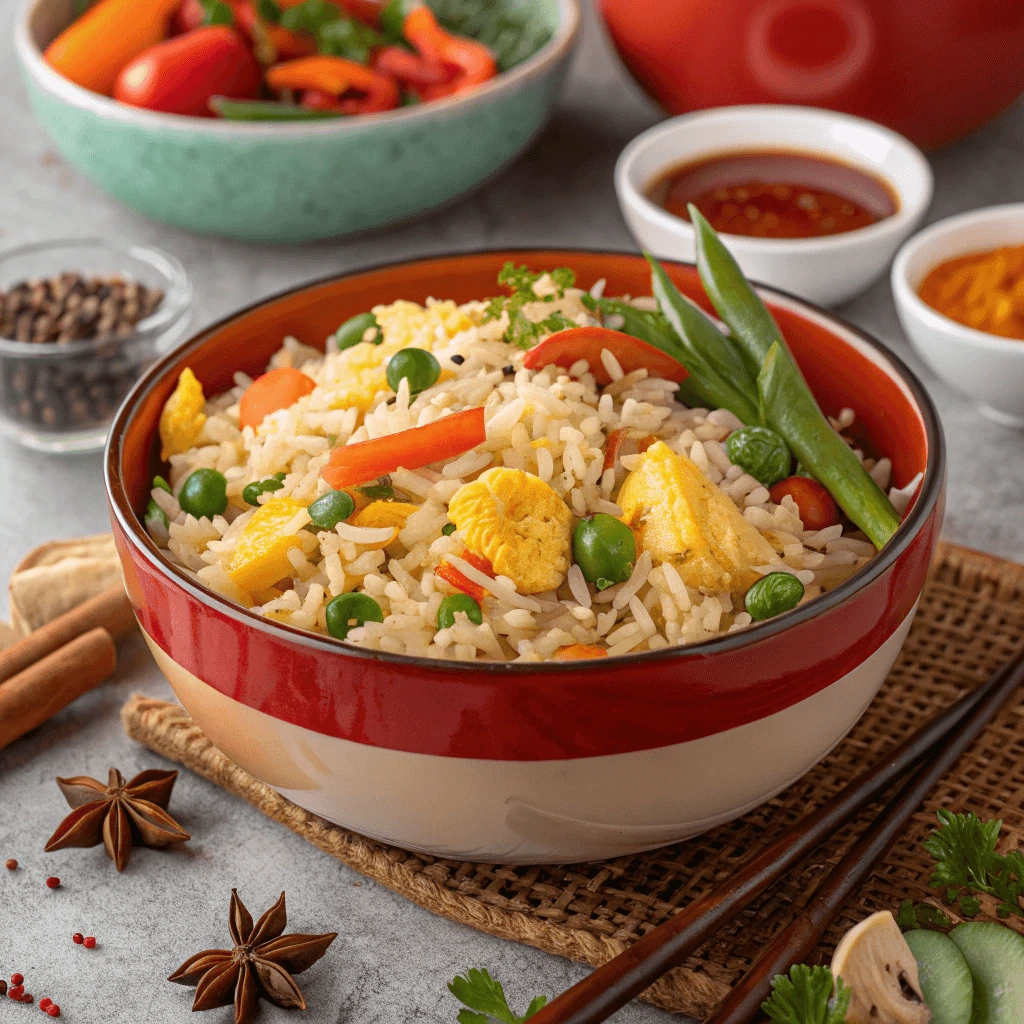  Serving of Restaurant-Style Anjappar Egg Fried Rice with vegetables and a side of chutney.